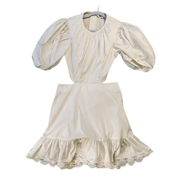Keepsake Asymmetric Beige Short Puffy Sleeves Open Cut Waist Ruffled Hem Dress 8 - Picture 1 of 9